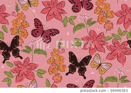 Seamless pattern with butterflies and flowers. Vector graphics. 99406363