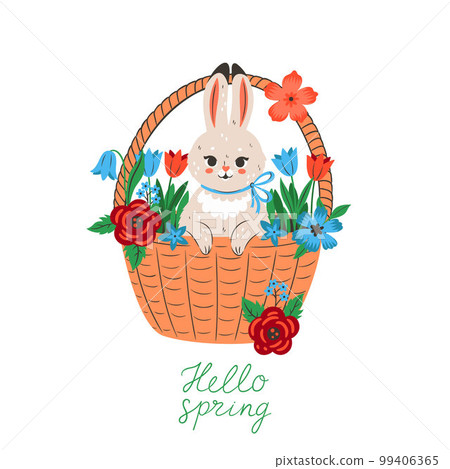 Cute bunny in a basket with flowers isolate on a white background. Vector graphics. 99406365
