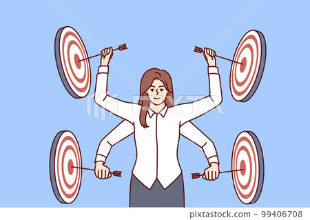 Multi-armed woman manager strikes performs several business goals at same time multitasking 99406708