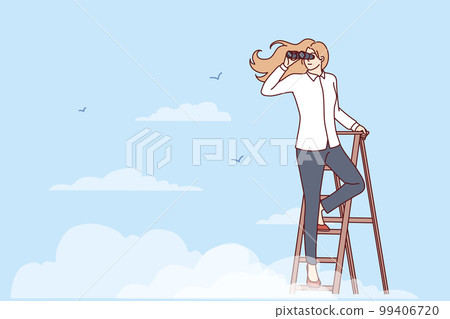 Woman leader stands on top of stepladder among clouds and looks into distance through binoculars 99406720