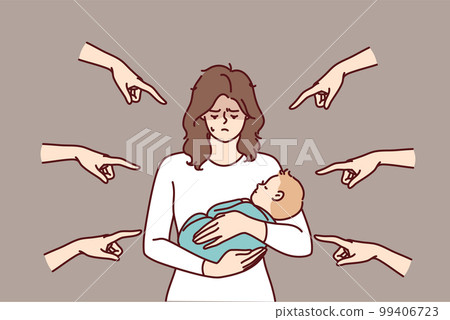 Young mother with baby in arms is ashamed because condemnation surrounding people pointing fingers 99406723