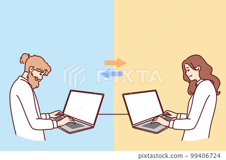 Teamwork of man and woman working remotely via laptops on one project via internet 99406724