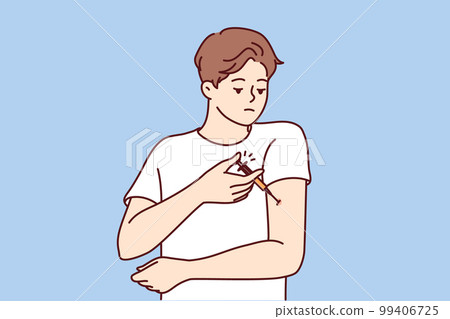 Man with diabetes makes injection in arm to lower blood sugar and avoid insulin shock 99406725