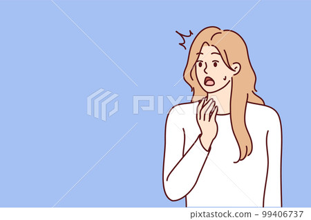 Young woman opens mouth when she sees unexpected event or experiences shock reaction Young woman opens mouth when she sees unexpected event or experiences shock reaction 99406737