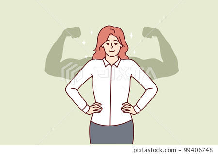 Successful businesswoman stands with hands on waist imagining giant muscular arms behind back Successful businesswoman stands with hands on waist imagining giant muscular arms behind back 99406748