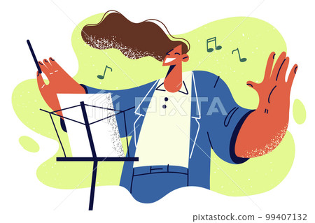 Happy woman conductor controls orchestra standing near rack with notes enjoys instrumental music Happy woman conductor controls orchestra standing near rack with notes enjoys instrumental music 99407132