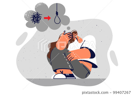 Depressed woman sits on ground contemplating suicide due to unresolved issues in personal life Depressed woman sits on ground contemplating suicide due to unresolved issues in personal life 99407267