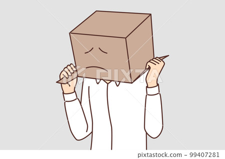 Man with cardboard box on head with painted sad face due problems with courier company 99407281