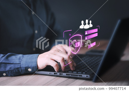 Man login with fingerprint scanning technology in the computer. Secure encryption and access to the user's private information to access the Internet Man login with fingerprint scanning technology in the computer. Secure encryption and access to the user's private information to access the Internet 99407714