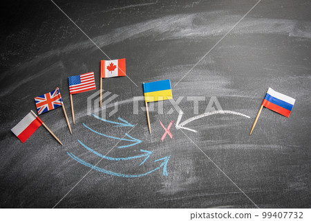 United States Great Britain Poland Canada aid to Ukraine concept. Flags on a dark chalkboard 99407732