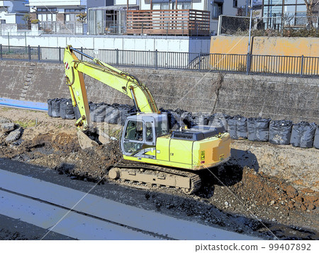 Excavator construction scenery. Illustrated photo. 99407892
