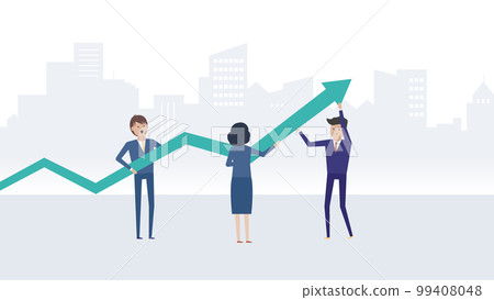 Illustration material of a Japanese business team lifting an arrow together 99408048