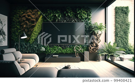 Vertical garden and big TV screen in modern living room, plants in luxury interior, generative AI Vertical garden and big TV screen in modern living room, plants in luxury interior, generative AI 99408421