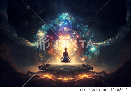 Woman practices yoga and meditation against space energy, fantasy view, generative AI. Woman practices yoga and meditation against space energy, fantasy view, generative AI. 99408441
