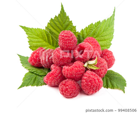 Ripe raspberry with green leaf Ripe raspberry with green leaf 99408506