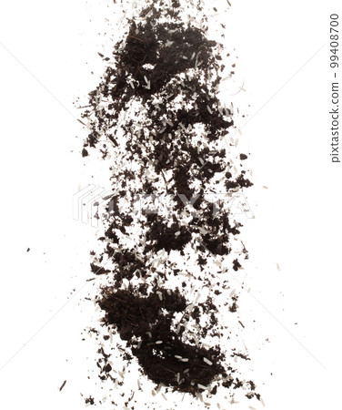 Soil dirt white rice mix fly explosion. Rice soil fertilizer abstract cloud fly. Soil mix jasmine rice planting splash stop in air. white background isolated high speed freeze motion Soil dirt white rice mix fly explosion. Rice soil fertilizer abstract cloud fly. Soil mix jasmine rice planting splash stop in air. white background isolated high speed freeze motion 99408700