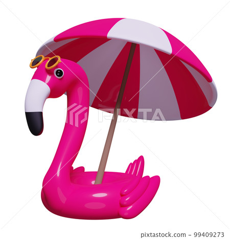 3d red Inflatable flamingo with sunglasses, umbrella isolated. summer travel concept, 3d render illustration 99409273