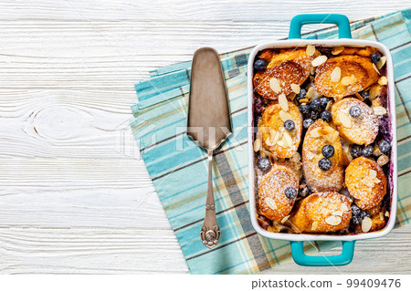 Blueberry Almond Mascarpone French Toast, top view Blueberry Almond Mascarpone French Toast, top view 99409476