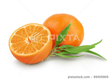 Tangerine or clementine with green leaf isolated on white background with full depth of field. Tangerine or clementine with green leaf isolated on white background with full depth of field. 99409909