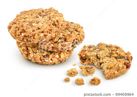Granola cookie isolated on white background with full depth of field. Granola cookie isolated on white background with full depth of field. 99409964
