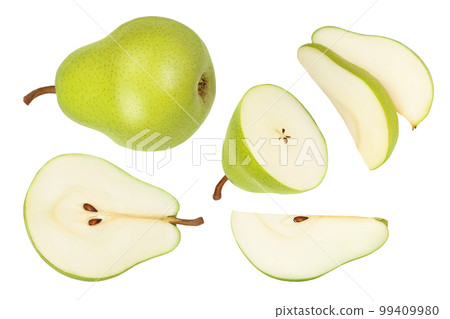 Green pear fruit with half and slices isolated on white background with clipping path. Top view. Flat lay 99409980