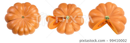 Fresh orange pumpkin isolated on white background with full depth of field. Top view. Flat lay 99410002