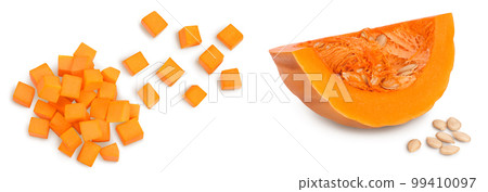 butternut squash or pumpkin diced isolated on white background with full depth of field. Top view. Flat lay butternut squash or pumpkin diced isolated on white background with full depth of field. Top view. Flat lay 99410097