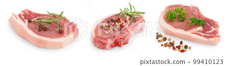 sliced raw pork meat with rosemary and peppercorn isolated on white background sliced raw pork meat with rosemary and peppercorn isolated on white background 99410123