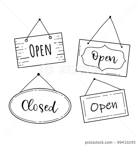 Hand drawn set of open and closed door sign. Doodle sketch style. Shop door or window open label. Vector illustration. 99410295