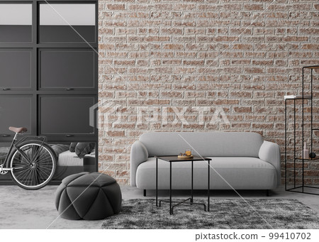 Interior mock up, loft style. Empty wall in modern living room. Copy space for your artwork, picture, poster. Industrial style interior design. Apartment or hotel room. 3D rendering. 99410702