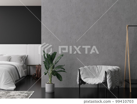 Interior mock up, loft style. Empty concrete wall in modern bedroom. Copy space for your artwork, picture, poster. Industrial style interior design. Apartment or hotel room. 3D rendering. 99410703