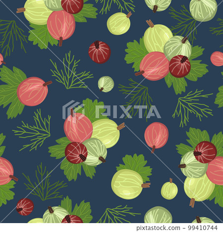 Vector seamless pattern with green and red gooseberries and leaves on deep blue background. Vector seamless pattern with green and red gooseberries and leaves on deep blue background. 99410744