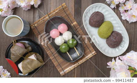 櫻花與日式點心 | Botamochi、三色團子（hanami團子）和櫻花年糕 春季賞櫻和春分 99411487