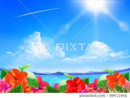 夏季時尚的框架背景材料，在陽光普照的藍天下美麗的海面上綻放著芙蓉花 99411948