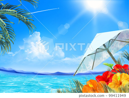 Summer fashionable frame background material with beautiful seaside umbrellas and hibiscus blooming under the blue sky with sunlight Summer fashionable frame background material with beautiful seaside umbrellas and hibiscus blooming under the blue sky with sunlight 99411949