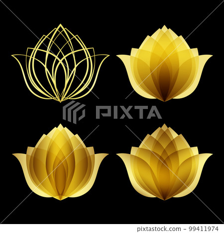 Golden lotus logo set. Design flower symbol. Floral emblem template of spa, cosmetics or beauty salon. Jpeg 99411974