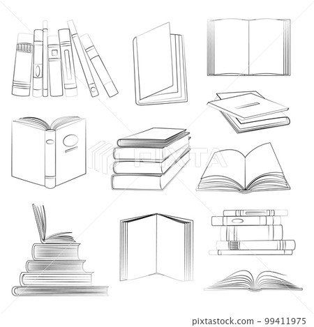 Books linear sketch symbols set. Stack, opened and closed books isolated icons set on white background. Library and bookstore elements in a flat style. Jpeg 99411975