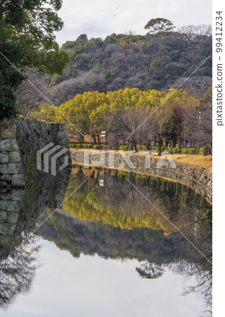 Image of a promenade with trees reflected on the water surface of the moat Image of a promenade with trees reflected on the water surface of the moat 99412234