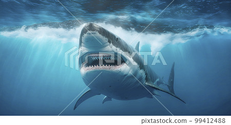 Ocean shark bottom view from below. Open toothy dangerous mouth with many teeth. Underwater blue sea waves clear water shark swims forward Ocean shark bottom view from below. Open toothy dangerous mouth with many teeth. Underwater blue sea waves clear water shark swims forward 99412488