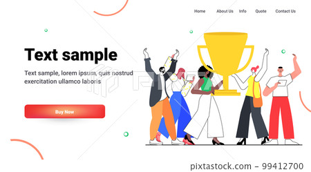 businesspeople team holding golden trophy cup business people celebrating victory achievement congratulation concept 99412700