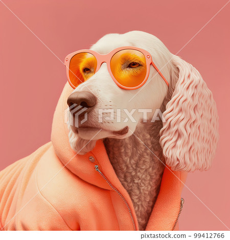 Cool fashion dog in stylish hoodie. Orange monochrome portrait. Pop art modern style and lifestyle concept. Contemporary art, creative idea. Generative AI 99412766