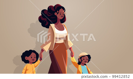 mother and little children walking together mom taking son and daughter to school or kindergarten motherhood 99412852