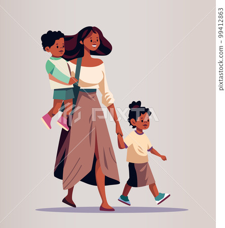 mother and little children walking together mom taking son and daughter to school or kindergarten motherhood 99412863