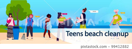 young people collecting trash into bags clean up garbage ecological challenge beach cleaning by teenagers concept 99412882