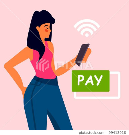 woman customer using pos terminal for cashless paying girl at cashier noncontact payment concept 99412918