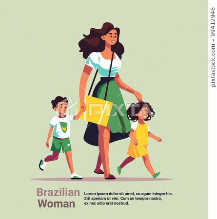 mother and little children walking together brazilian mom taking son and daughter to school or kindergarten motherhood 99412946