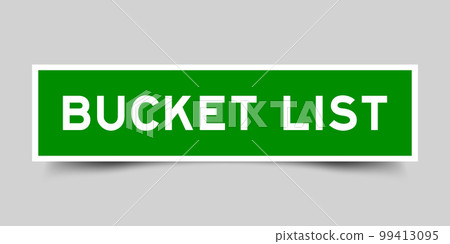 Green color square label sticker with word bucket list on gray background 99413095