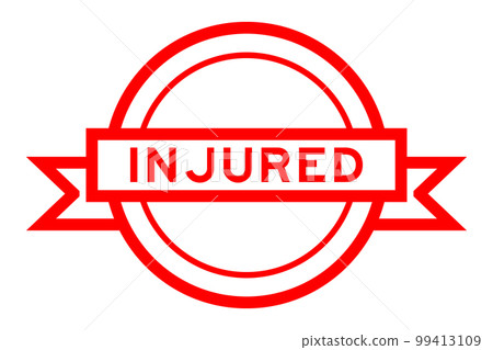 Vintage red color round label banner with word injured on white background 99413109