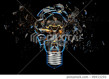 Exploding light bulb on a blue background,  99413293