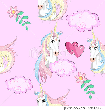 Seamless pattern with trendy cartoon patches. Unicorns, rainbows and hearts. Seamless pattern with trendy cartoon patches. Unicorns, rainbows and hearts. 99413439